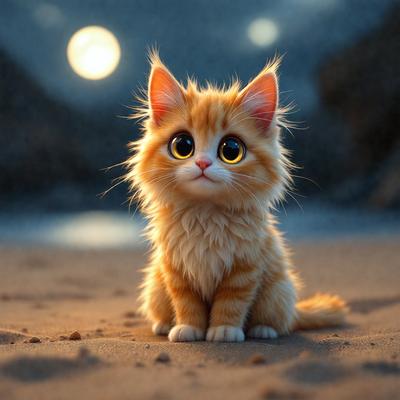The primary subject of the image is a small, fluffy, orange kitten with big eyes. The kitten is standing on a sandy surface, possibly a beach, with a rocky background. The visual style of the image is a digital art or illustration, giving it a unique and creative appearance. The colors and mood of the image are warm and inviting, with the orange kitten being the main focus and the sandy surface adding to the overall atmosphere.